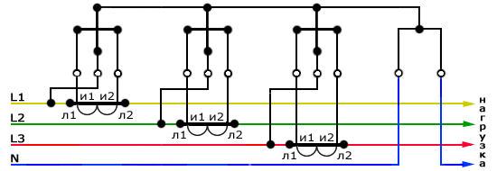 Схема подключения трёхфазного счётчика через трансформаторы тока