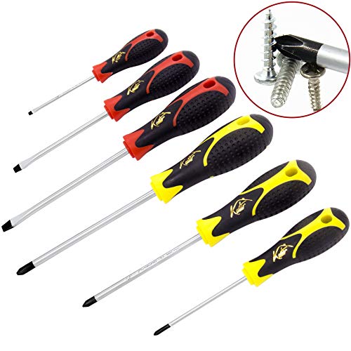 Screwdriver Set 6 Pieces Phillips and Slotted NON-SLIP WIDE COMFORTABLE HANDLE, Micro-Fine Grip, Heavy Duty, Rust Resistant, Ergonomic Fluted, MAGNETIC TIPS - Craftsman Toolkit For Wet, Oily Hand Work