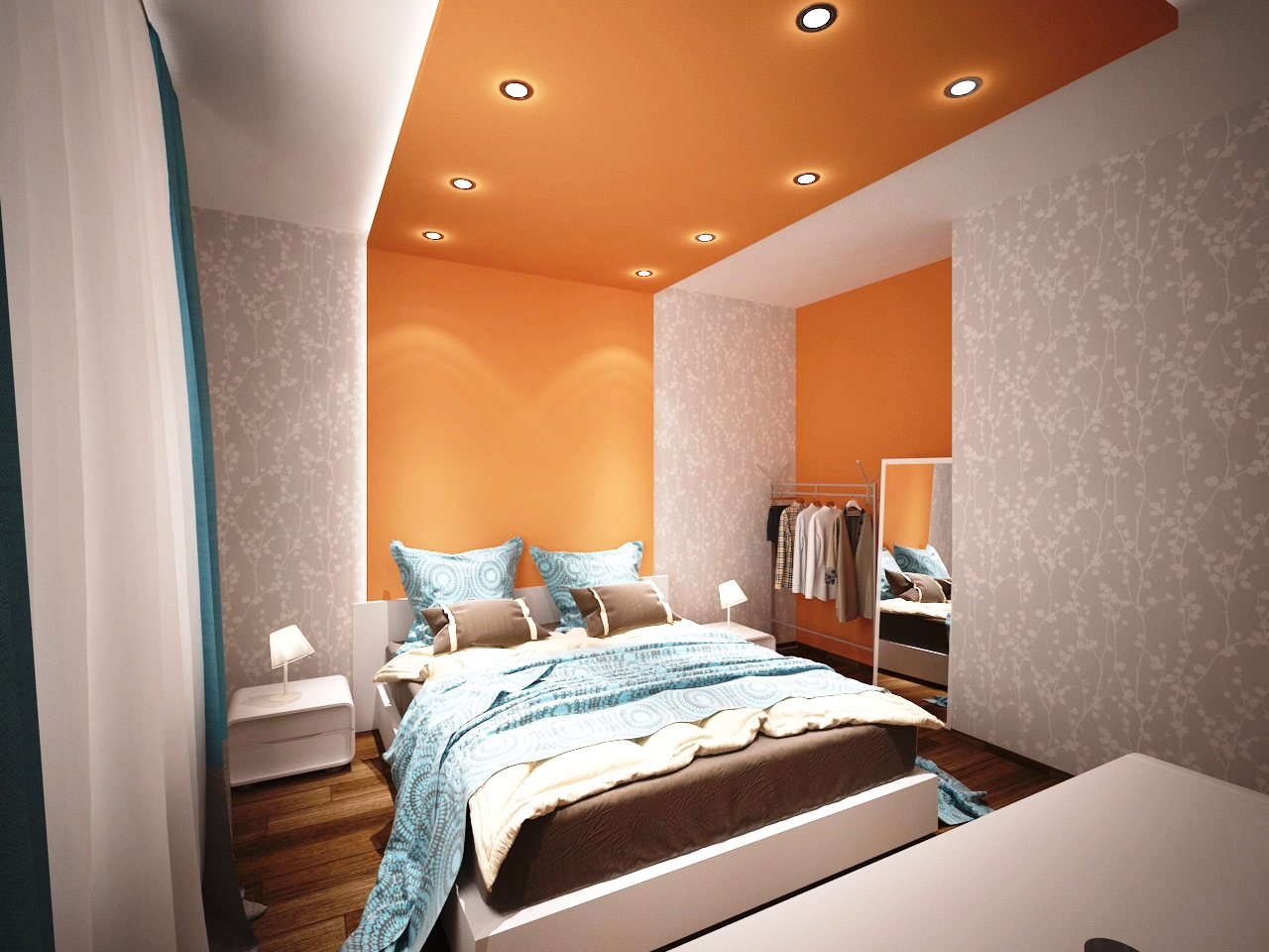 Бело-оранжевый потолок в спальне