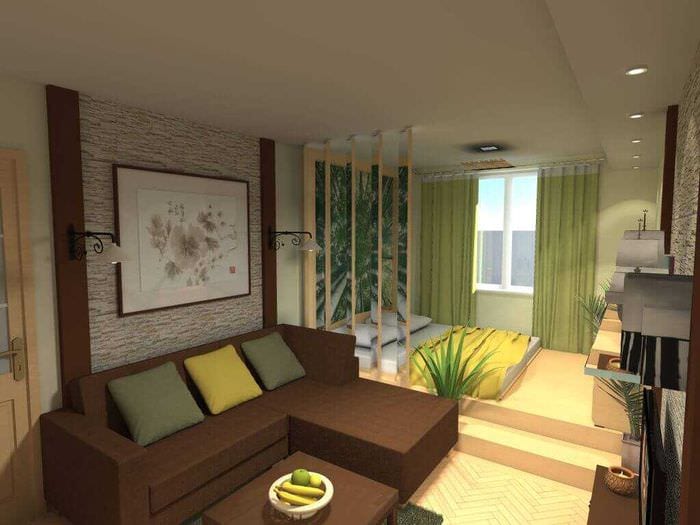 светлый дизайн спальни и гостиной в одной комнате