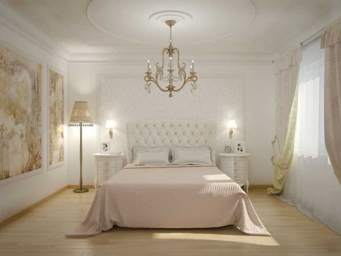 вариант необычного интерьера белой спальни